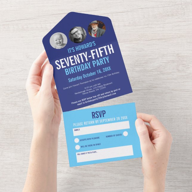 Invitación Todo En Uno Círculos gráficos de fotos en cian azul 75 cumplea (desgarro)