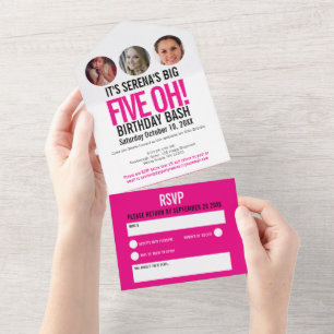 Invitación Todo En Uno Círculos gráficos de fotos negras rosadas 50 cumpl