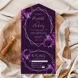 Invitación Todo En Uno Ciruela Plata Floral Geométrico Boda de Ciruela