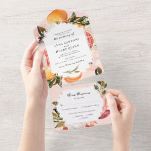 Invitación Todo En Uno Citrus Naranja Watercolor Greenery Boda