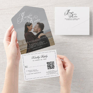 Invitación Todo En Uno Clásica caligrafía elegante Código QR Boda fotográ