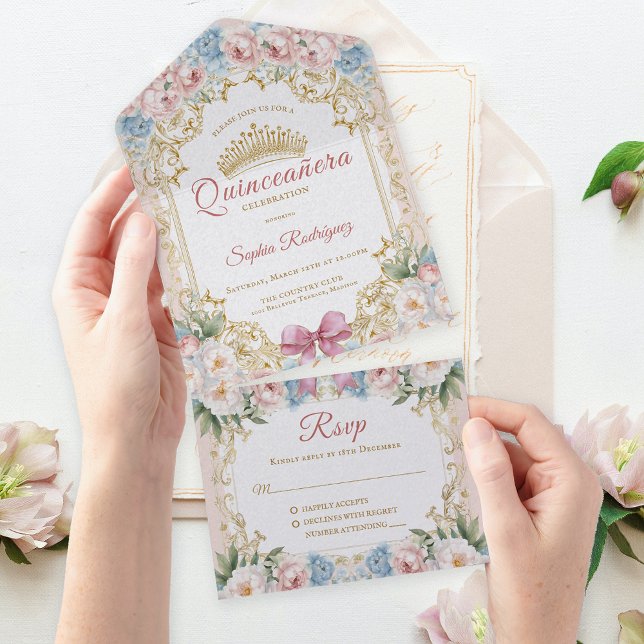 Invitación Todo En Uno Clásica Floral De Bow Rosa Quinceañera (Classy Pink Blue Floral Quinceañera All In One Invitation)