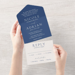 Invitación Todo En Uno Clásico Azul Marino Boda Elegante