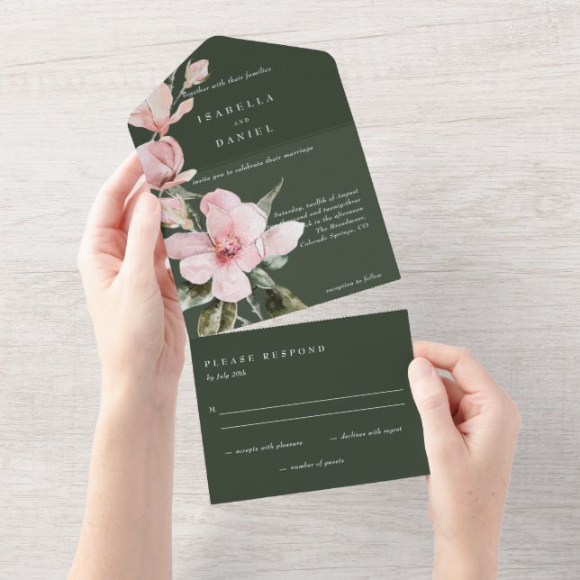 Invitación Todo En Uno Clásico Boda de acuarela floral verde magnolia (desgarro)