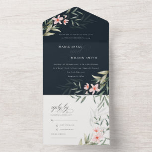 Invitación Todo En Uno Clásico Boda floral Rubor Greenery