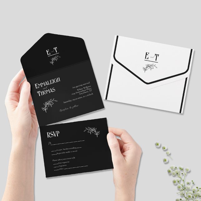 Invitación Todo En Uno Clásico Boda Moderna Simple Blanco Negro (Subido por el creador)