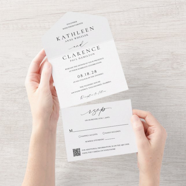Invitación Todo En Uno Clásico código QR blanco y negro matrimonio elegan (desgarro)
