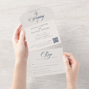 Invitación Todo En Uno Clásico Código QR de Caligrafía Azul Marfil Boda