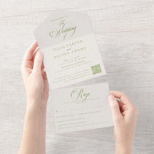 Invitación Todo En Uno Clásico Código QR de Caligrafía Verde Marfil Boda