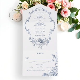 Invitación Todo En Uno Clásico Elegante Polvoriento Marco Floral Azul Bod