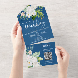 Invitación Todo En Uno Clásico Floral Azul Código QR Todo En Una Invitaci