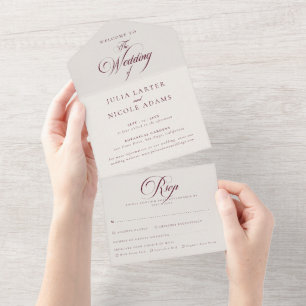 Invitación Todo En Uno Clásico marfil borgoña caligrafía boda
