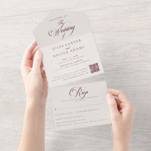 Invitación Todo En Uno Clásico marfil burdeos caligrafía QRCode boda