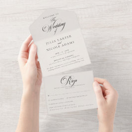 Invitación Todo En Uno Clásico Marfil Negro Caligrafía Boda