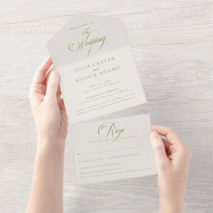 Invitación Todo En Uno Clásico Marfil Verde Caligrafía Boda 