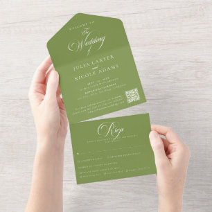 Invitación Todo En Uno Clásico marfil verde código QR caligrafía boda