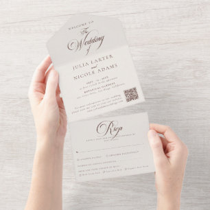 Invitación Todo En Uno Clásico Marrón Marfil Caligrafía Boda