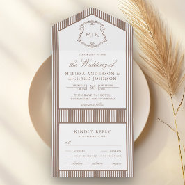 Invitación Todo En Uno Clásico Mocha Marrón Rayado Escudo Monograma Boda