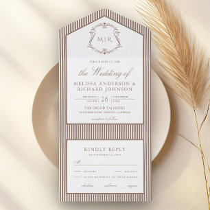 Invitación Todo En Uno Clásico Mocha Marrón Rayado Escudo Monograma Boda