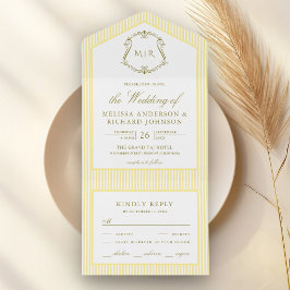 Invitación Todo En Uno Clásico Monograma de Cresta con Rayas Amarillas pa