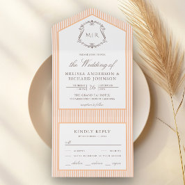 Invitación Todo En Uno Clásico Monograma de Cresta con Rayas de Naranja p