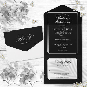 Invitación Todo En Uno Clásico Monograma Deco Boda en Blanco y Negro