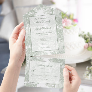 Invitación Todo En Uno Clásico Romántico Toile de Paisaje Verde Salvia
