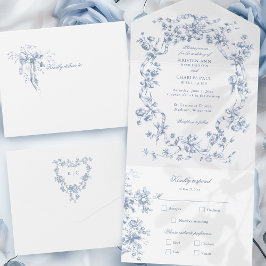 Invitación Todo En Uno Classic French Blue Flowers & Ribbons Wedding