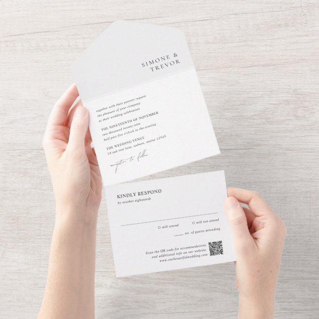 Invitación Todo En Uno Clean Black and White QR Code Modern Wedding (desgarro)