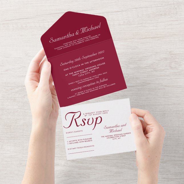 Invitación Todo En Uno Clean simple Burgundy white wedding (desgarro)