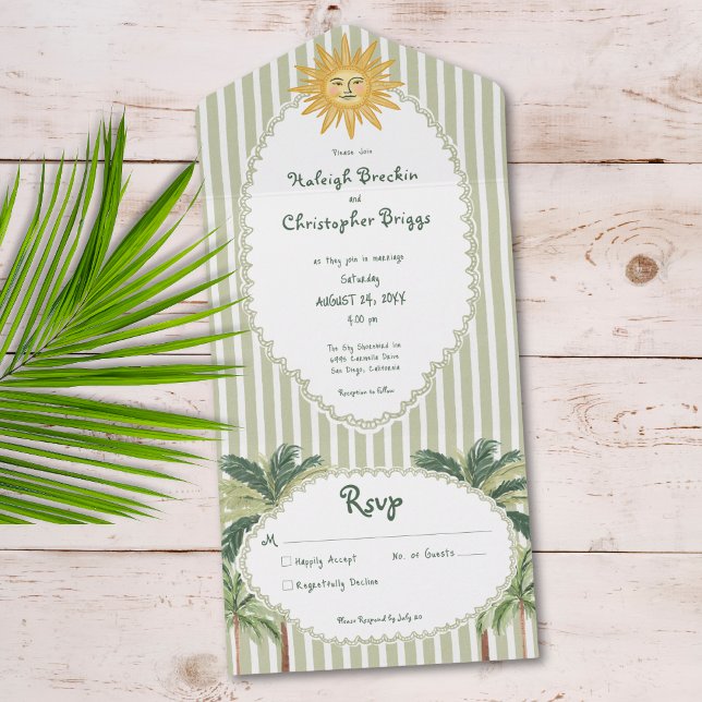 Invitación Todo En Uno Coastal Chic Sun Palm Tree Wedding (Coastal Chic Sun Palm Tree Wedding Dinner All In One Invitation)