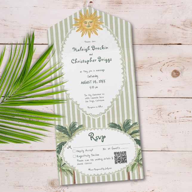 Invitación Todo En Uno Coastal Chic Sun Palm Tree Wedding QR Code (Subido por el creador)