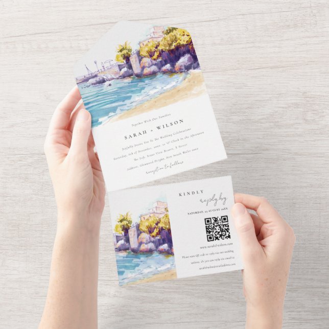 Invitación Todo En Uno Coastre Sand Beach Rocky Seascape Boda QR Code (desgarro)