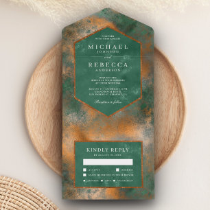 Invitación Todo En Uno Cobre Bronce Metálico Verde Rústico Boda Pátina