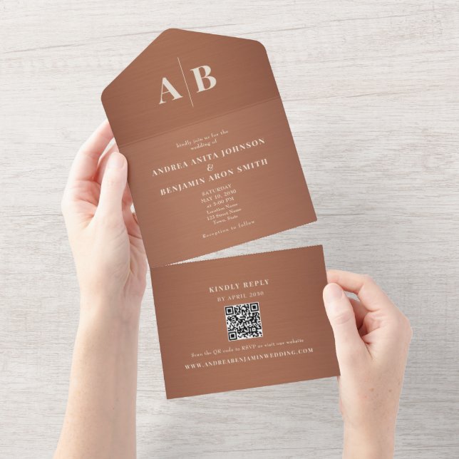 Invitación Todo En Uno Cobre Marrón QR Boda (desgarro)