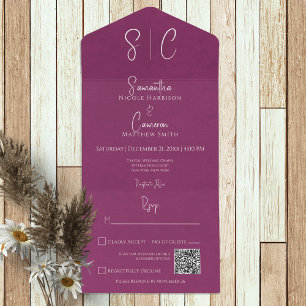 Invitación Todo En Uno Código Mínimo Magenta Moderno de Monograma QR