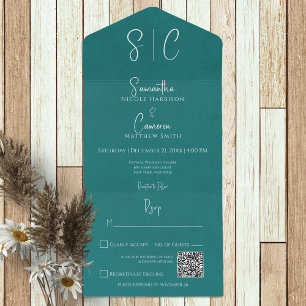 Invitación Todo En Uno Código Mínimo Moderno Verde azulado de Monograma Q