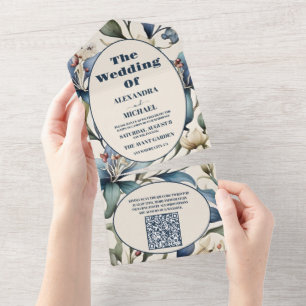 Invitación Todo En Uno Código QR Acuarela Floral Boda William Morris