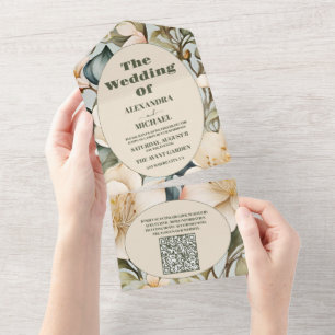 Invitación Todo En Uno Código QR Acuarela Lirio Blanco Boda Art Nouveau