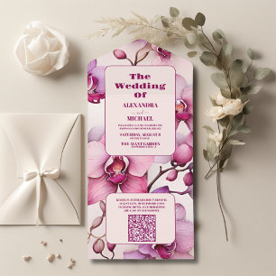 Invitación Todo En Uno Código QR Acuarela Opulenta Boda Orquídea Rosa