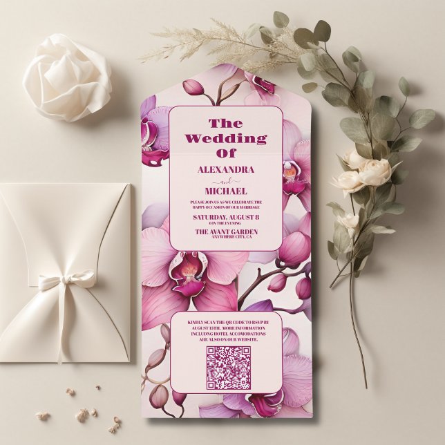 Invitación Todo En Uno Código QR Acuarela Opulenta Boda Orquídea Rosa (Subido por el creador)