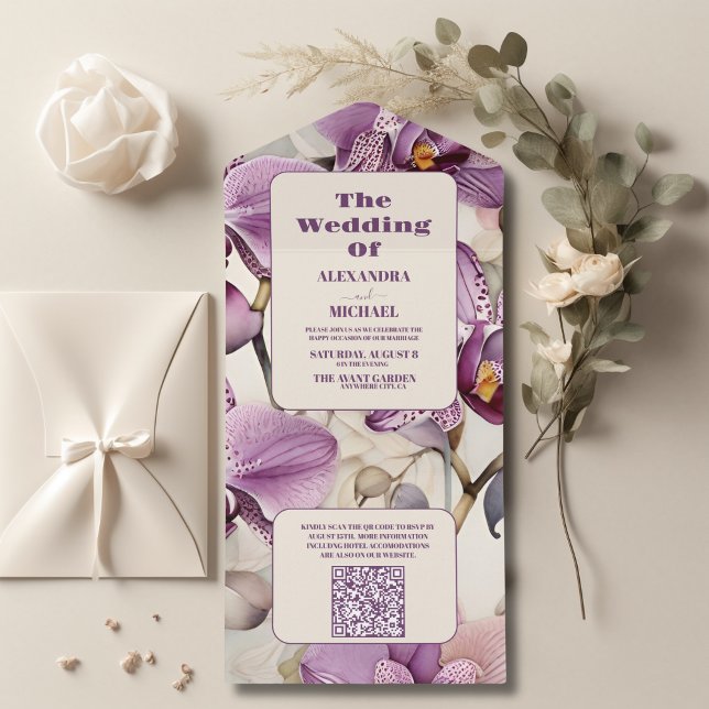 Invitación Todo En Uno Código QR Acuarela Orquídea Púrpura Boda (Subido por el creador)