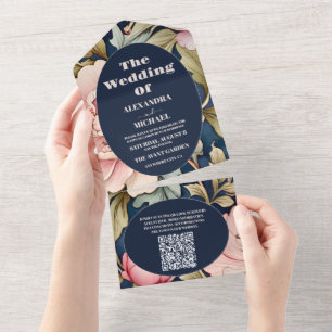 Invitación Todo En Uno Código QR Acuarela Rosa Peonía Boda Art Nouveau