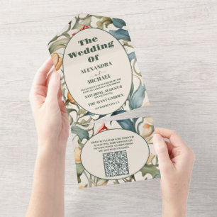 Invitación Todo En Uno Código QR Acuarela Tulips William Morris Boda