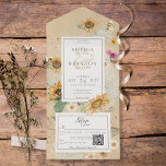 Invitación Todo En Uno Código QR Amarillo de girasol de verano vintage<br><div class="desc">DISPONIBLE CON O SIN CÓDIGO QR O CON O SIN OPCIONES DE SELECCIÓN DE CENAS. Este diseño presenta un hermoso marco de girasoles acuáticos suaves y otras flores de verano sobre un fondo afligido amarillo de mantequilla suave. Es romántico con un toque de cosecha. Creado por Simply Farmhouse Press, es...</div>