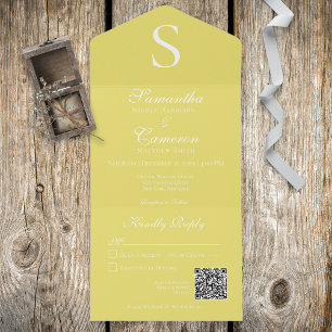Invitación Todo En Uno Código QR amarillo girasol monograma moderno