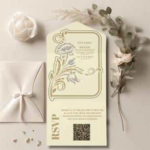 Invitación Todo En Uno Código QR Antiguo Boda Art Nouveau