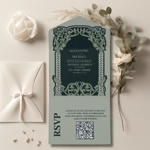 Invitación Todo En Uno Código QR Antiguo  Boda Art Nouveau