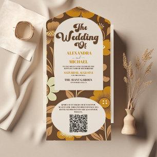 Invitación Todo En Uno Código QR Arco Moderno Retro Boda Floral 70s