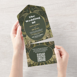 Invitación Todo En Uno Código QR Arte Floral Nouveau Boda